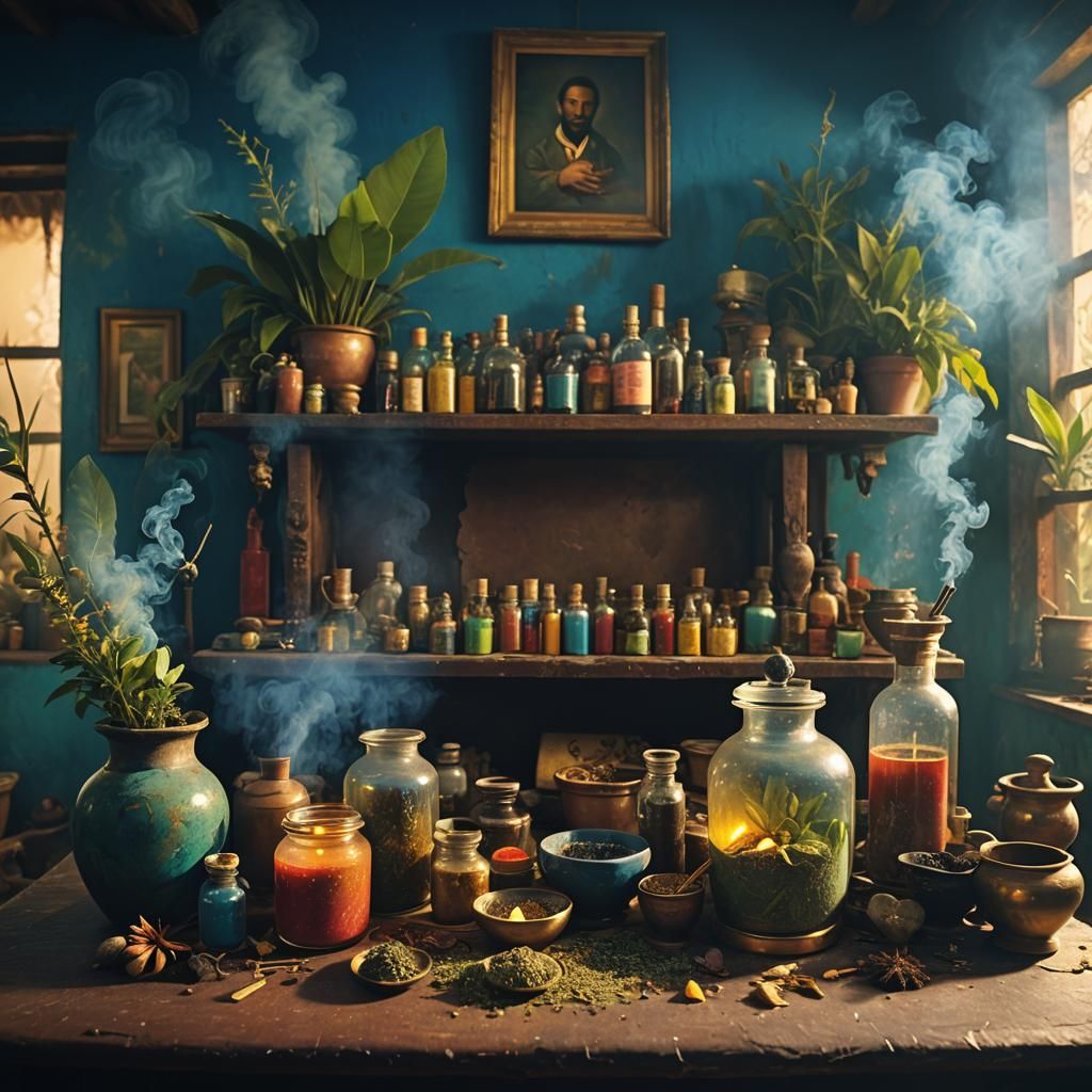 Colorful Caribbean House Interior in Mystical Realism Style