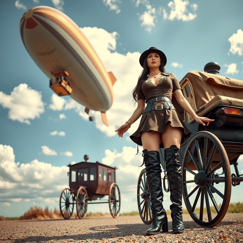 Steampunk carriages and zeppelin