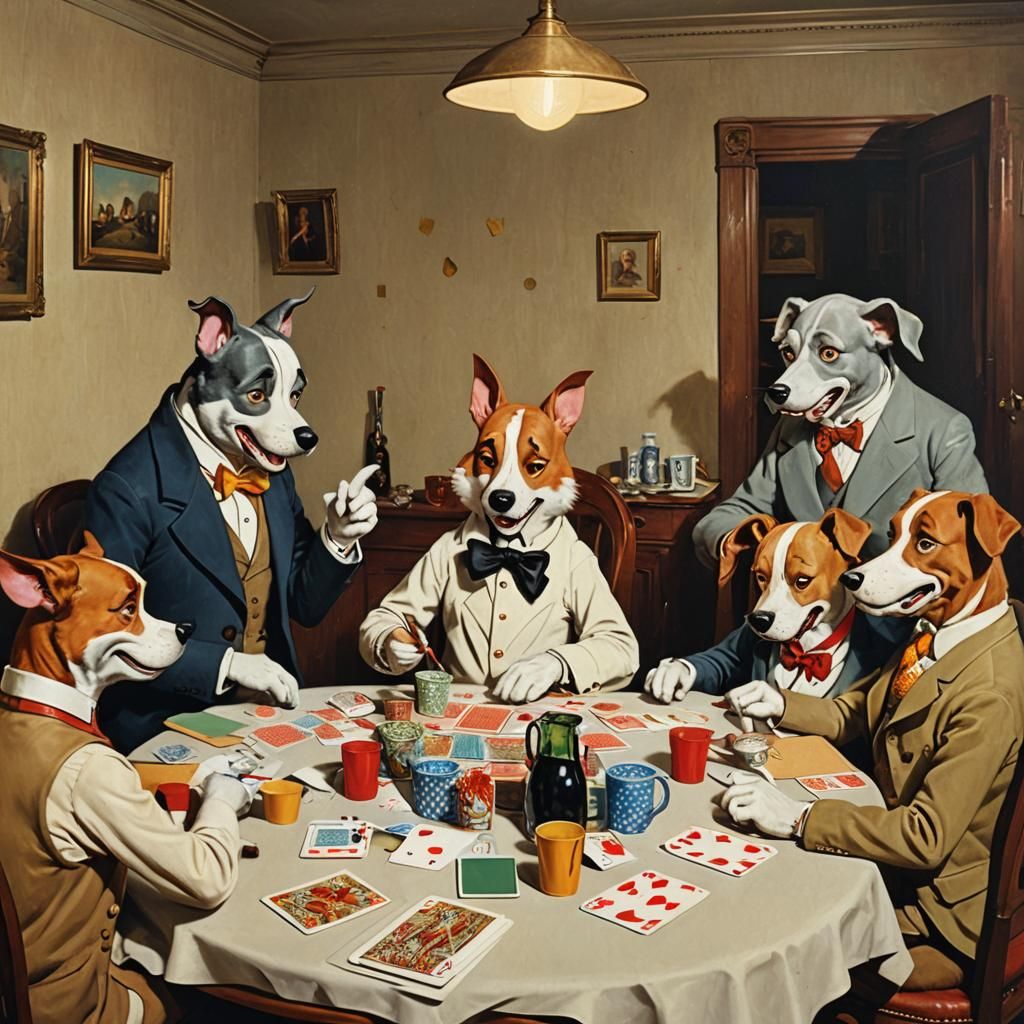 Dogs Playing Cards in Cartoon Style