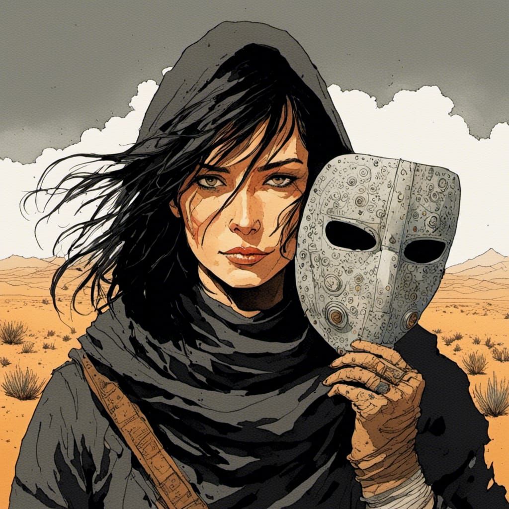 Masked Figure in Desert Landscape Watercolor