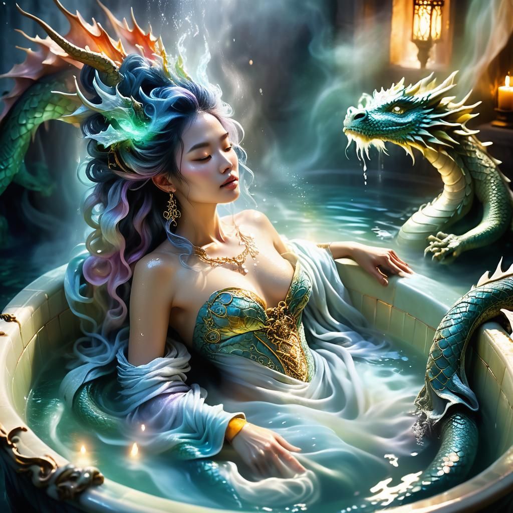Mystical Bath: Woman and Luminous Dragon in Fantasy Illustra...