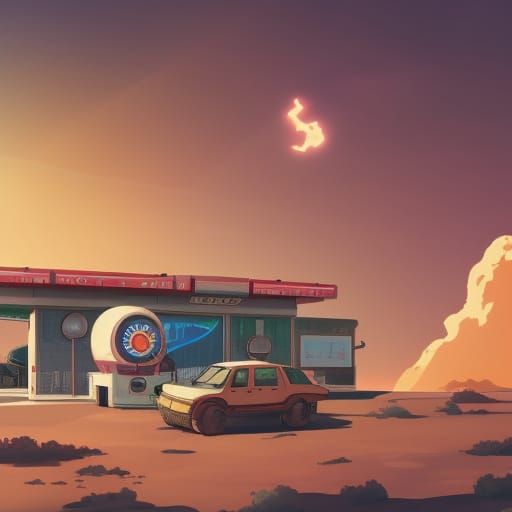 Retro Gas Station on the Martian Frontier