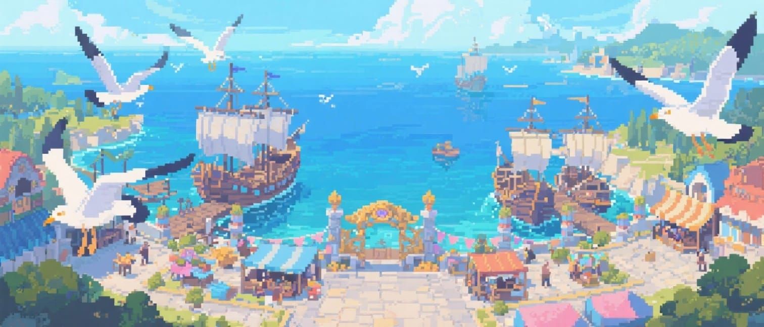 Serene Fantasy Harbour in Pixel Art Style