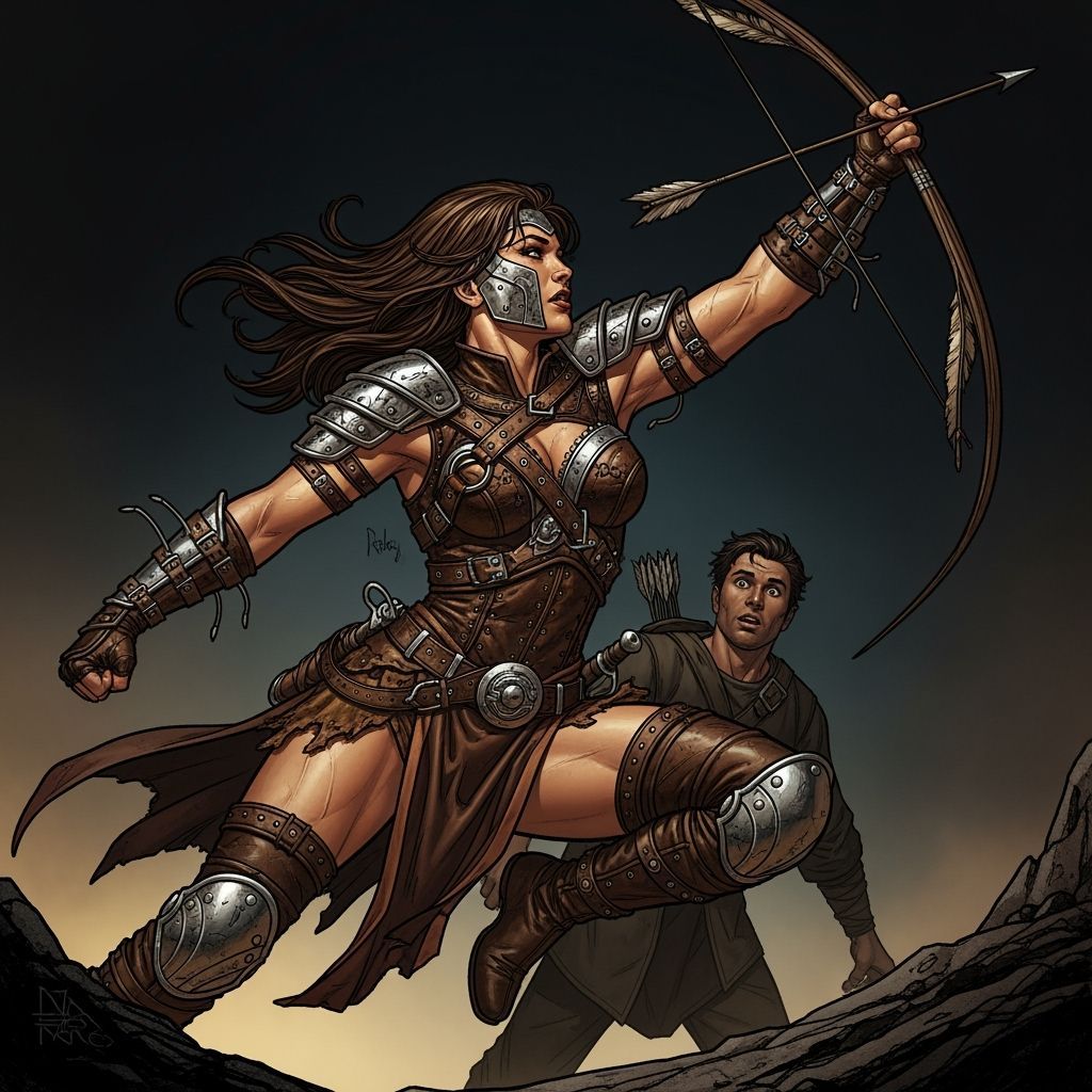 Dynamic Female Warrior Protects Man with Sword