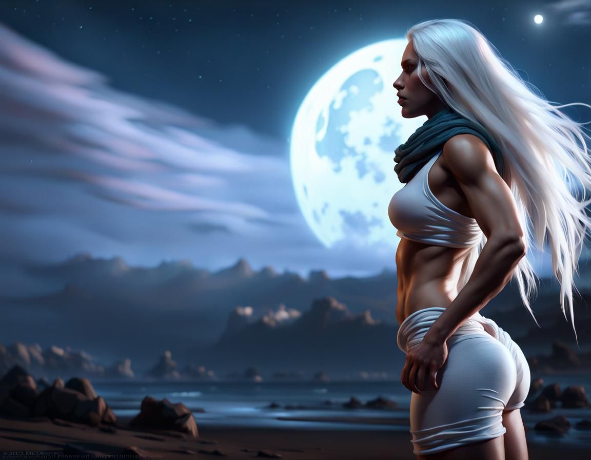 Muscular Woman with White Hair: Dark Fantasy Art