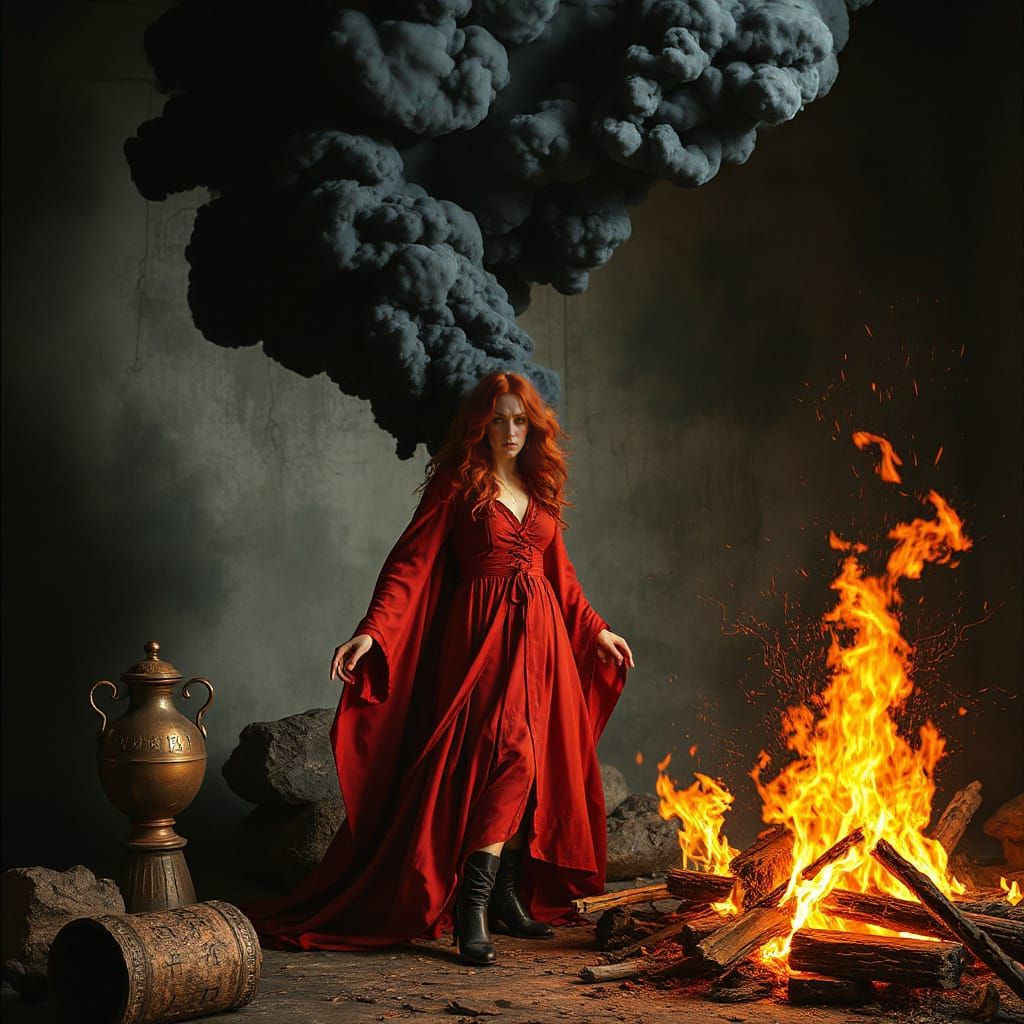 Red Priestess Performing a Fire Ritual
