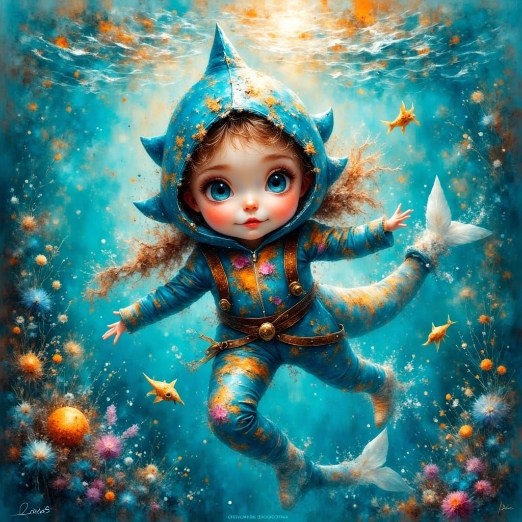 <lora:EtherealVisionsFlux:1.0> Young girl disguised as a shark