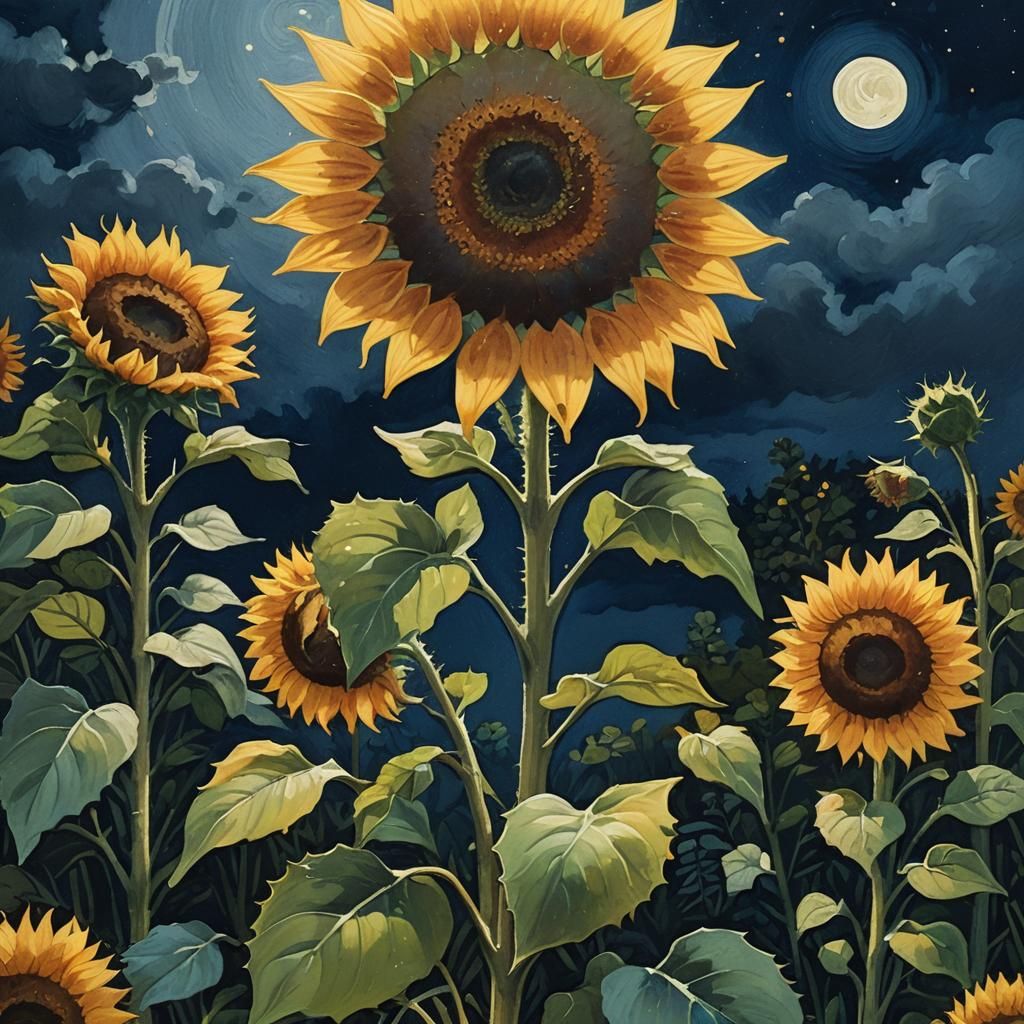 Sunflower Under Moonlight: A Gouache Painting