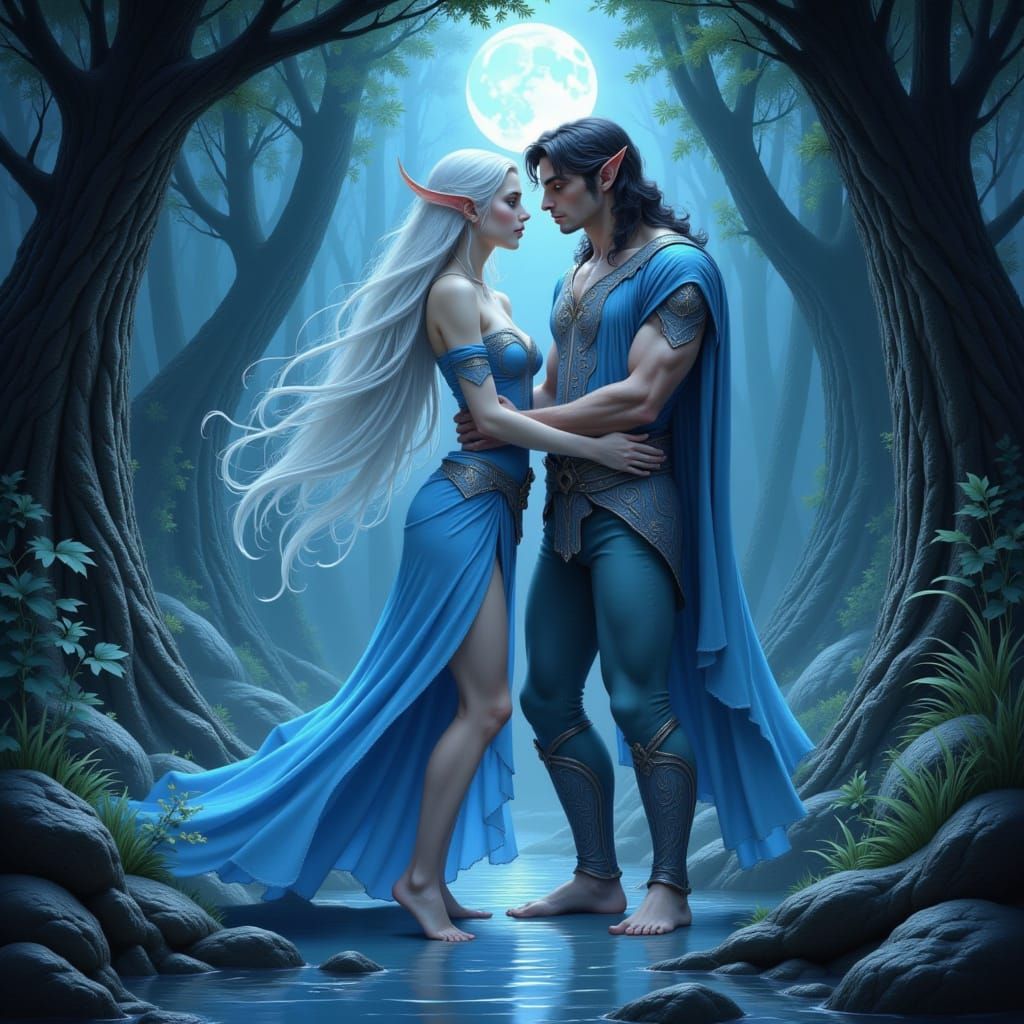 Elf Lovers Embrace in Moonlit Forest: Fantasy Art