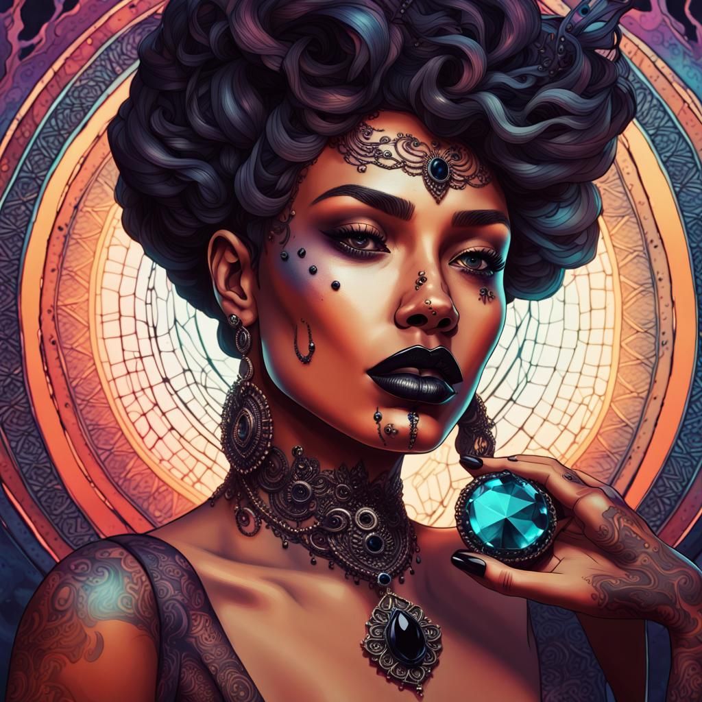 Mysterious Woman with Black Gemstone: Digital Art