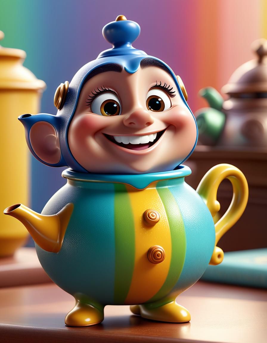 Smiling Anthropomorphic Teapot in 3D Digital Art