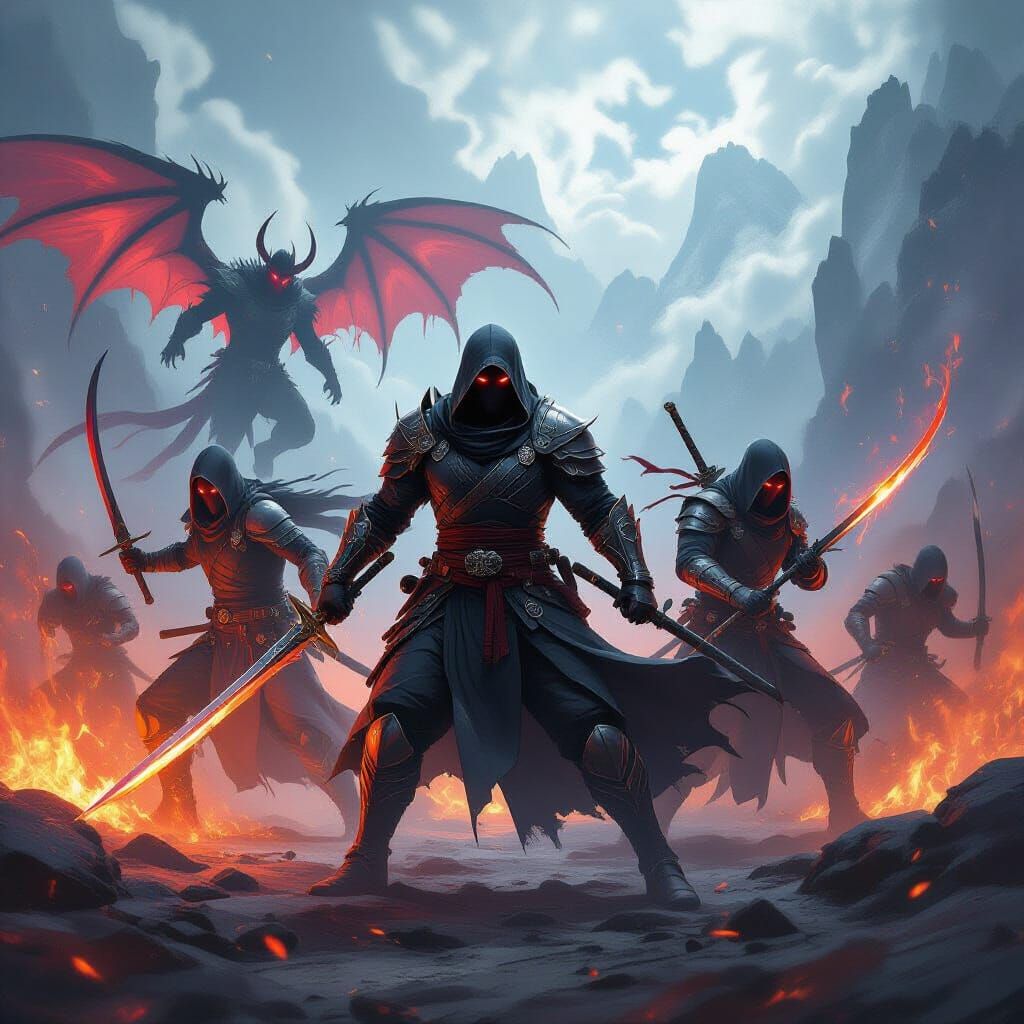 Angel Ninjas Battle Fiery Demons on Icy Field