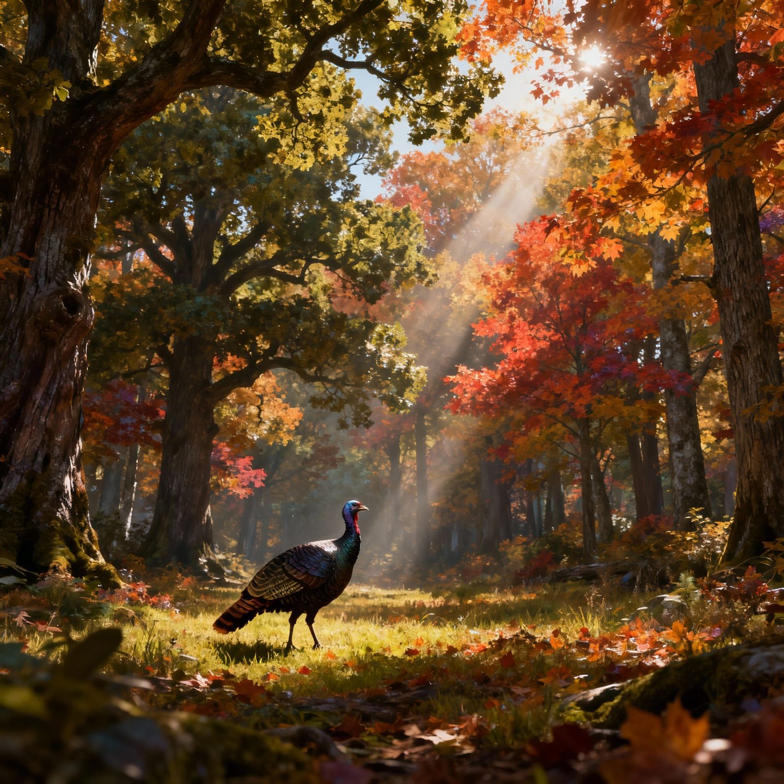 Wild Turkey in Sunlit Autumn Forest, Matte Painting Style