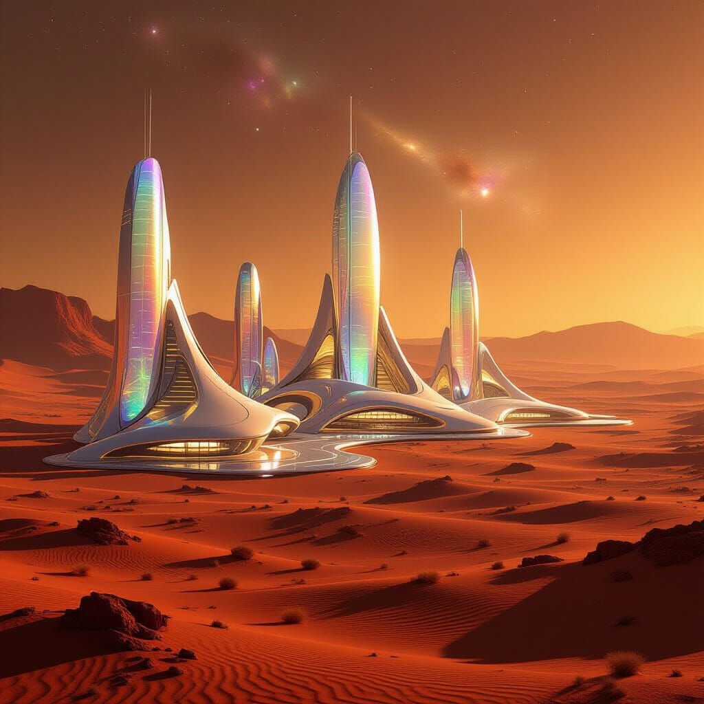 Futuristic Iridescent Mars City in Sepia Tones