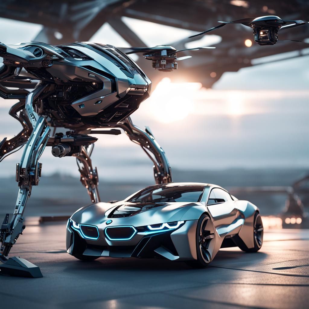 Futuristic Electric BMW Drone with Girl in Sci-Fi Style