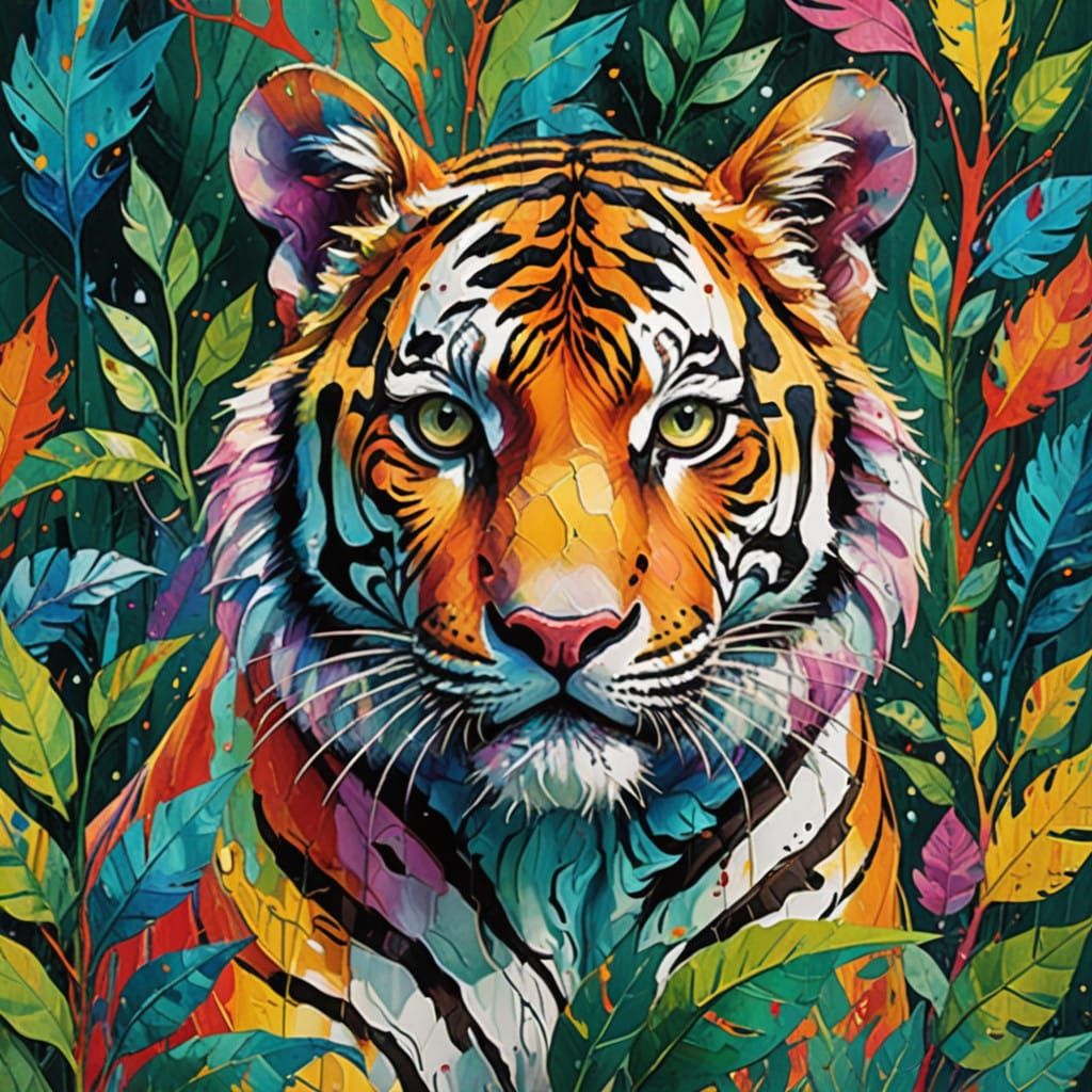Surreal Tiger Cub in Vibrant, Expressive Landscape