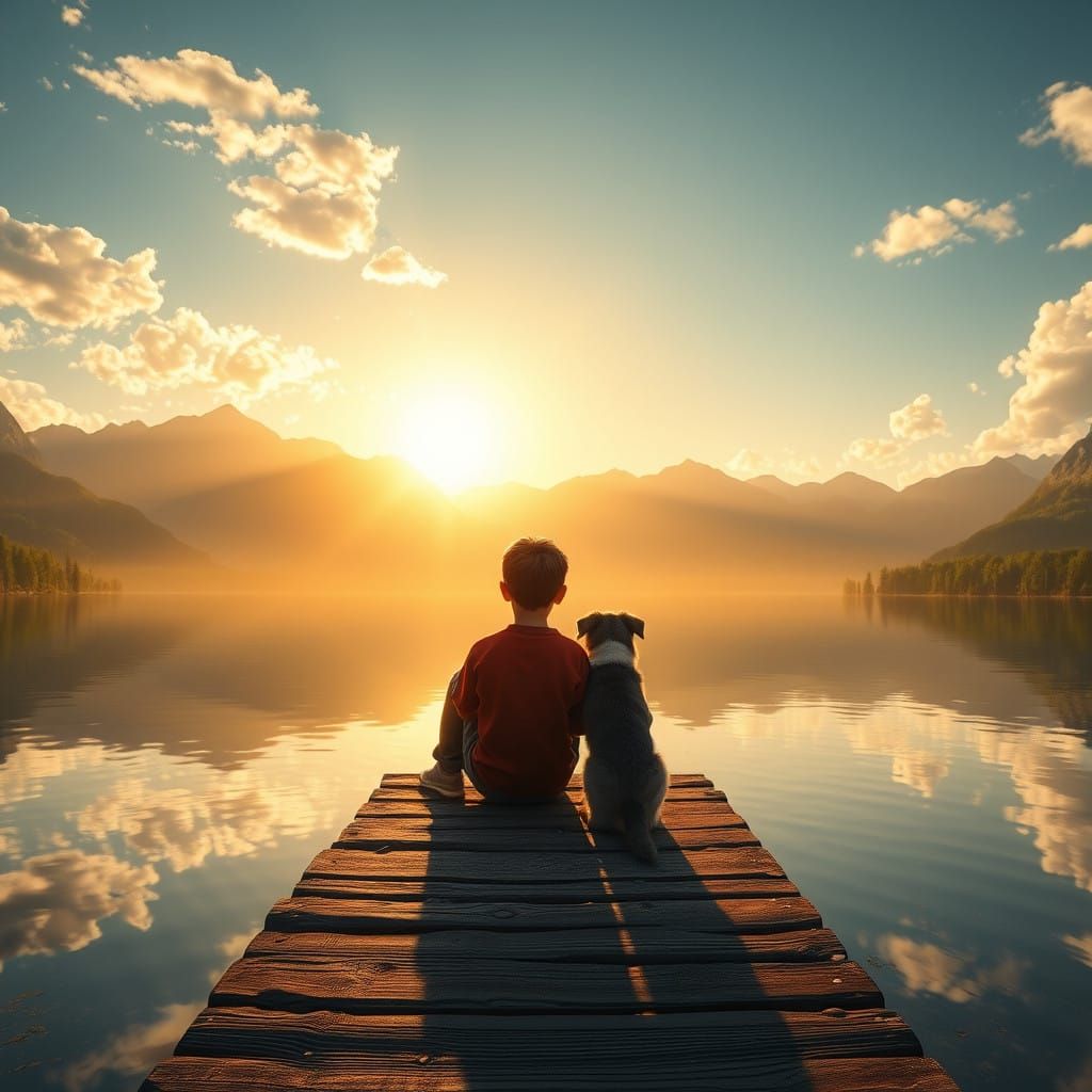 Boy and Dog Contemplate Serene Lake Scene in Vibrant Fantasy...
