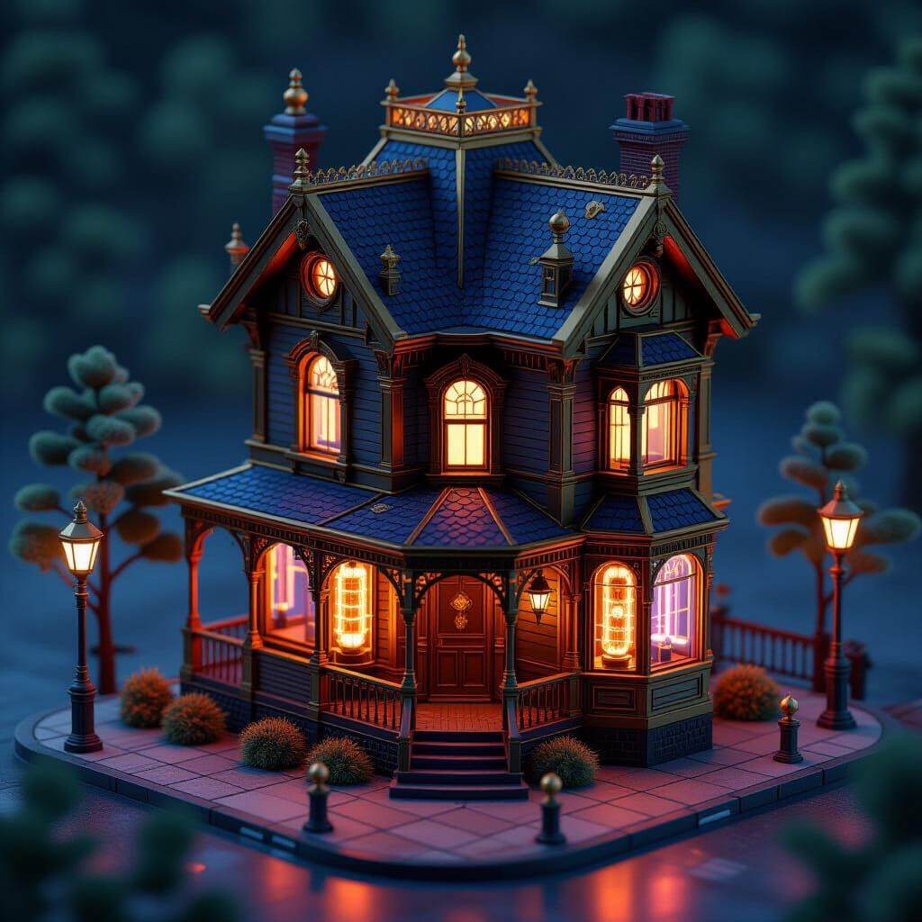 Retrofuturism Victorian House in Cyberpunk Atompunk Style