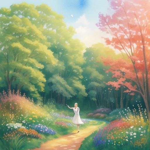 Serenely Smiling Woman Surrounded by Vibrant Nature in Water...