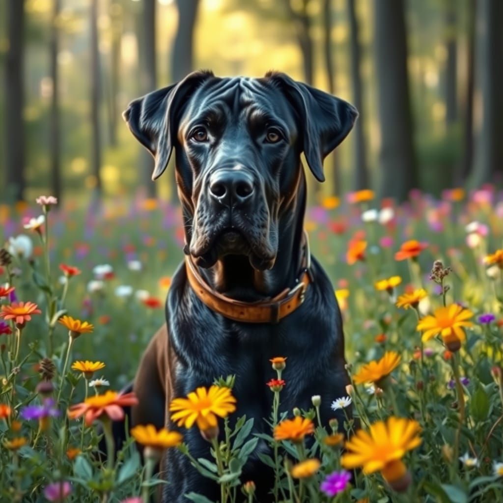 Great Dane in Wildflower Field, Realistic Animal Portrait