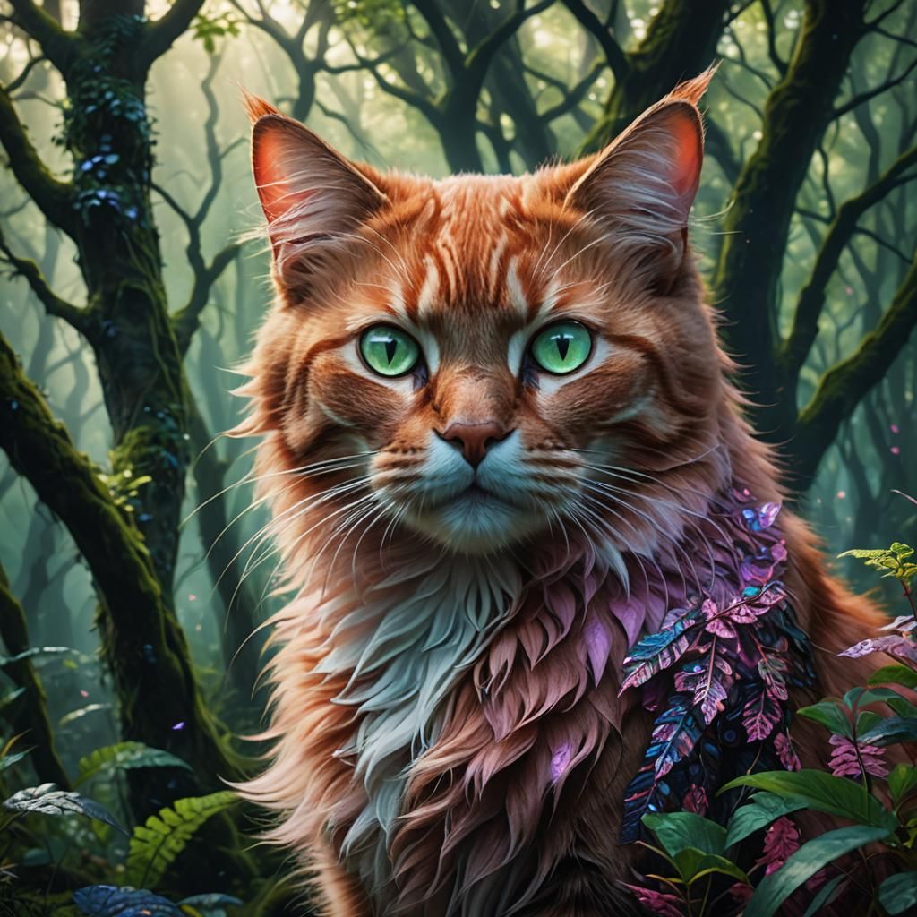 Ethereal Red Feline in Ancient Forest