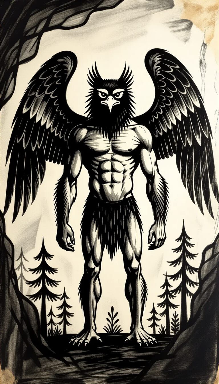 Ancient Cave Art: Eagle-Headed Warrior with Feathered Wings