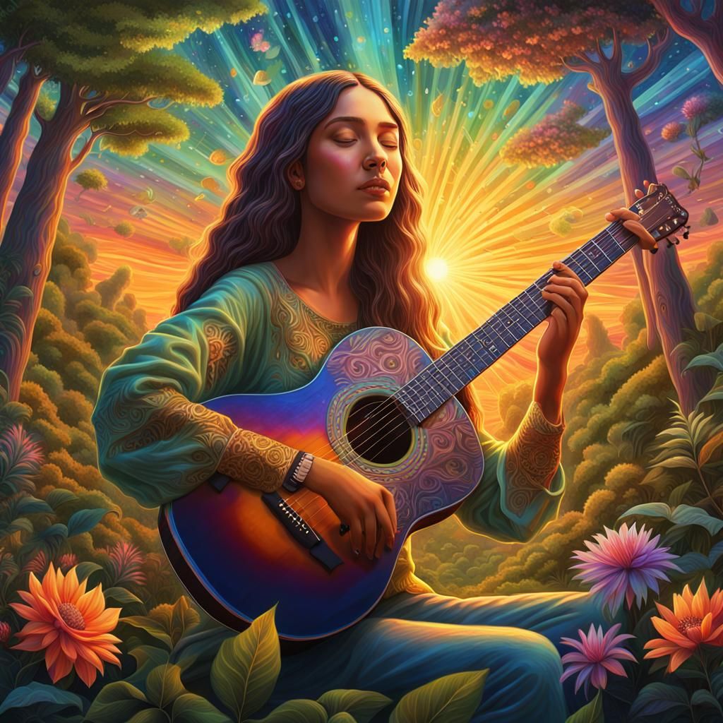Psychedelic Girl Plays Guitar in Forest - Visionary Art