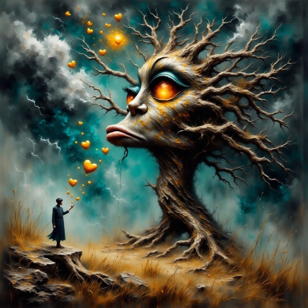 Ancient Tree with Glowing Fissures and Ethereal Aura