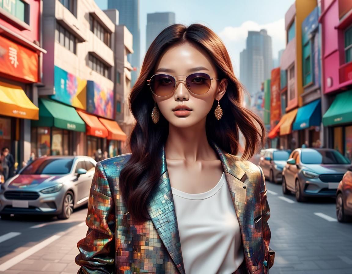Korean Model in Sunglasses: Hyperrealistic Splash Art