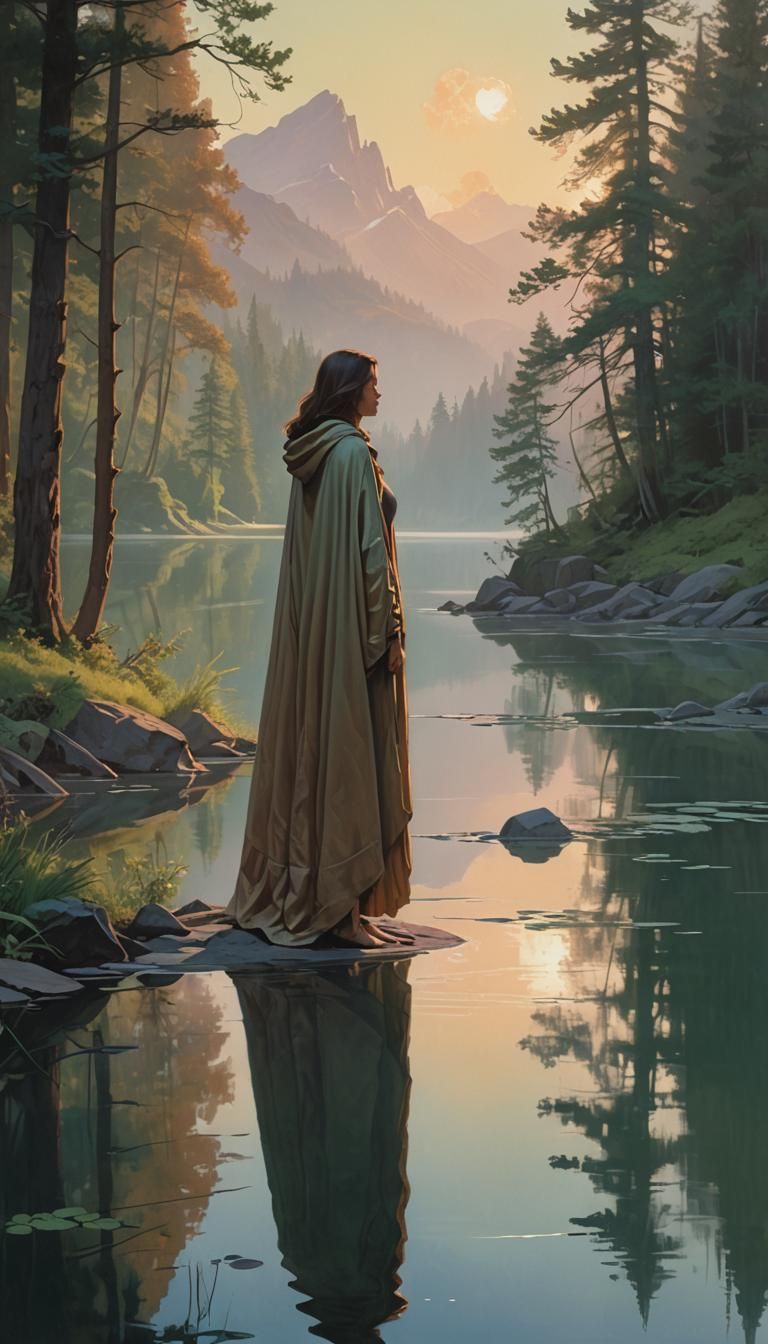 Mountain Lake at Dawn: Industrial-Organic Fusion