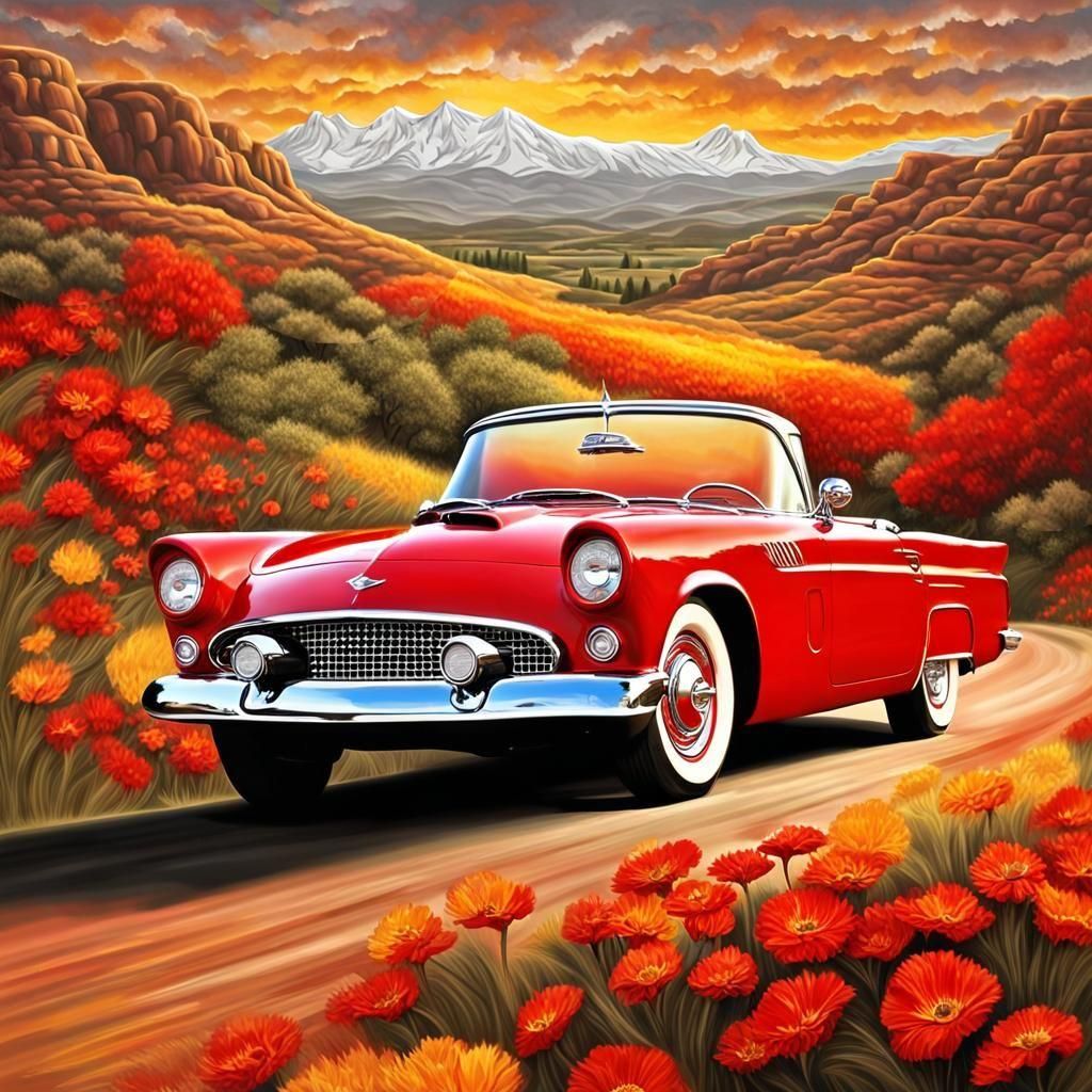Red Thunderbird Convertible on Flowery Hills