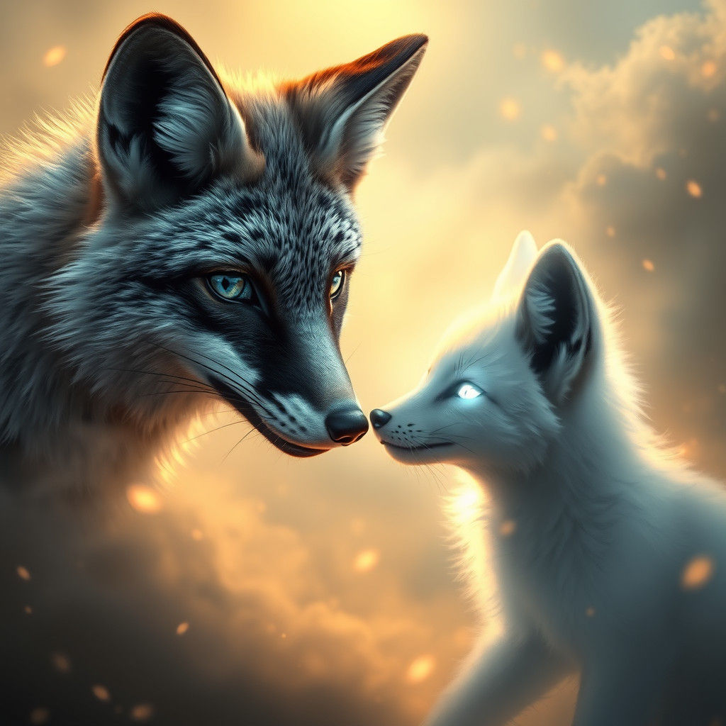 Fox Spirit Touching Noses in Dreamlike Forest
