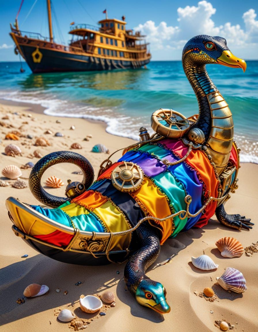 Steampunk Beach Scene with Snake and Duck