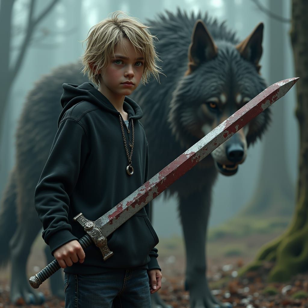 Boy Warrior Confronts Werewolf in Fantasy Landscape