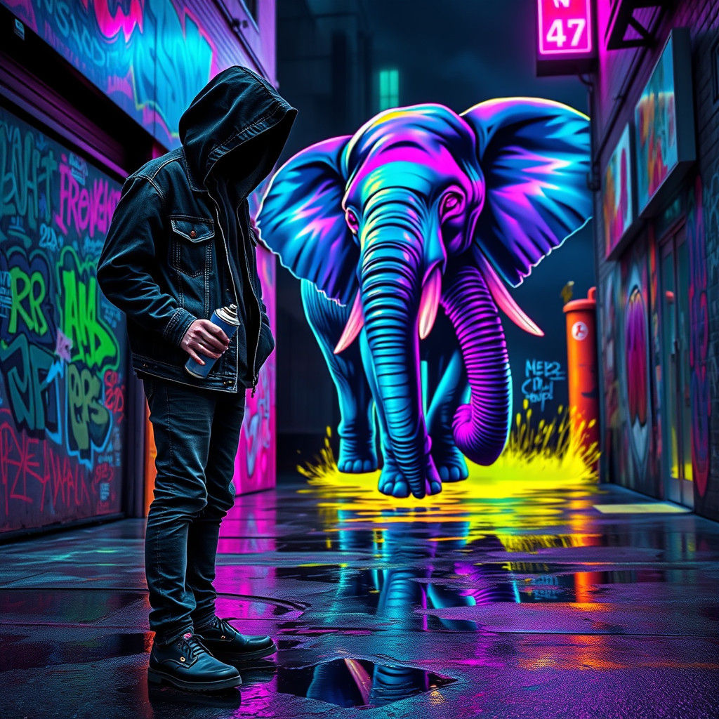 Glow-in-the-Dark Elephant Graffiti in Retro-Futuristic Style