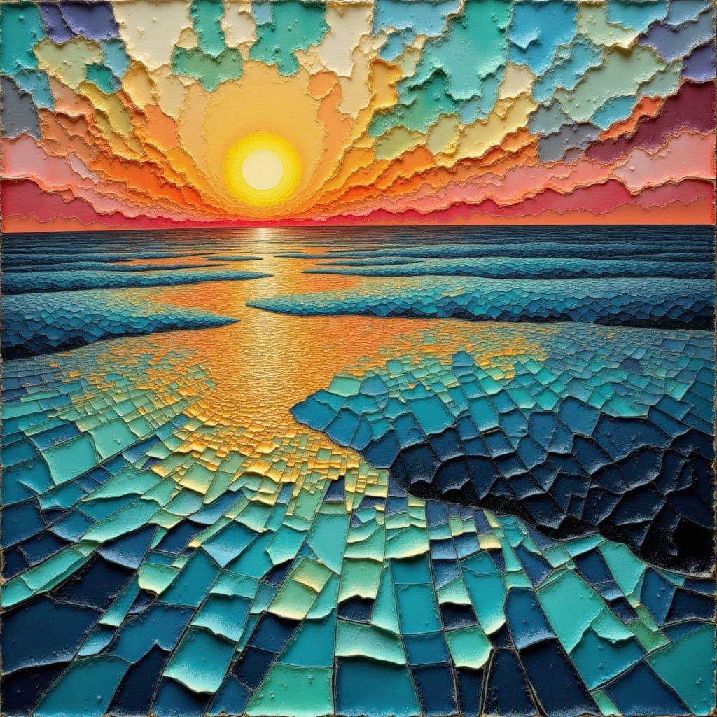 Planetary Dawn Collage with Wax and Glass Shards