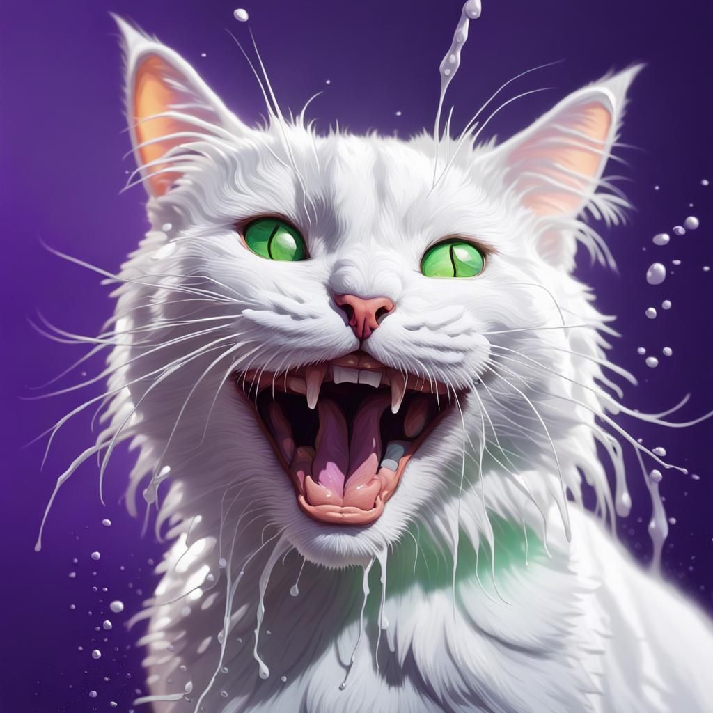 Hyperrealistic White Cat Laughing with Purple Water