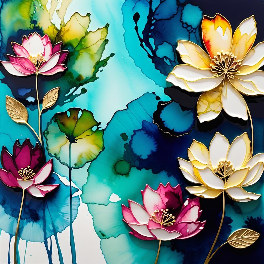 Vibrant Flower Lake in Alcohol Ink Style