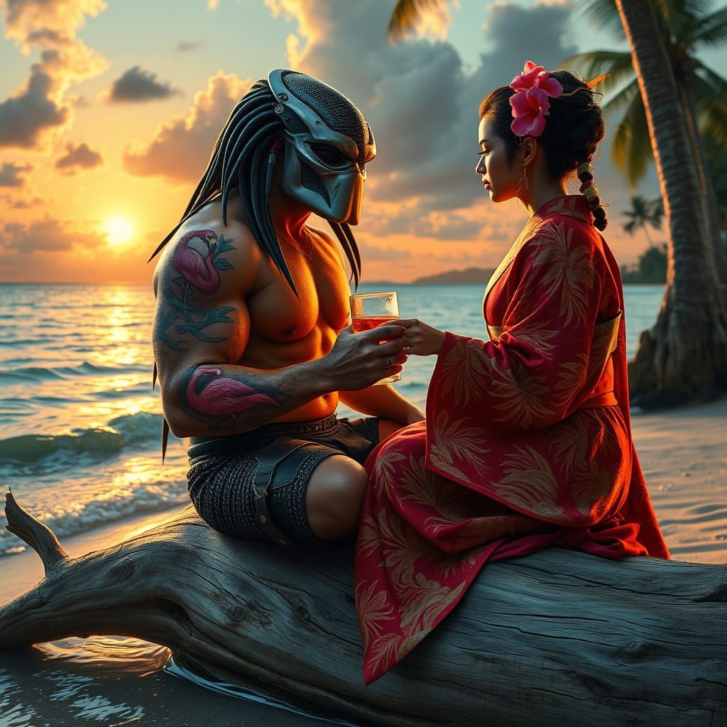The Predator on a Tropical Beach with a Geisha