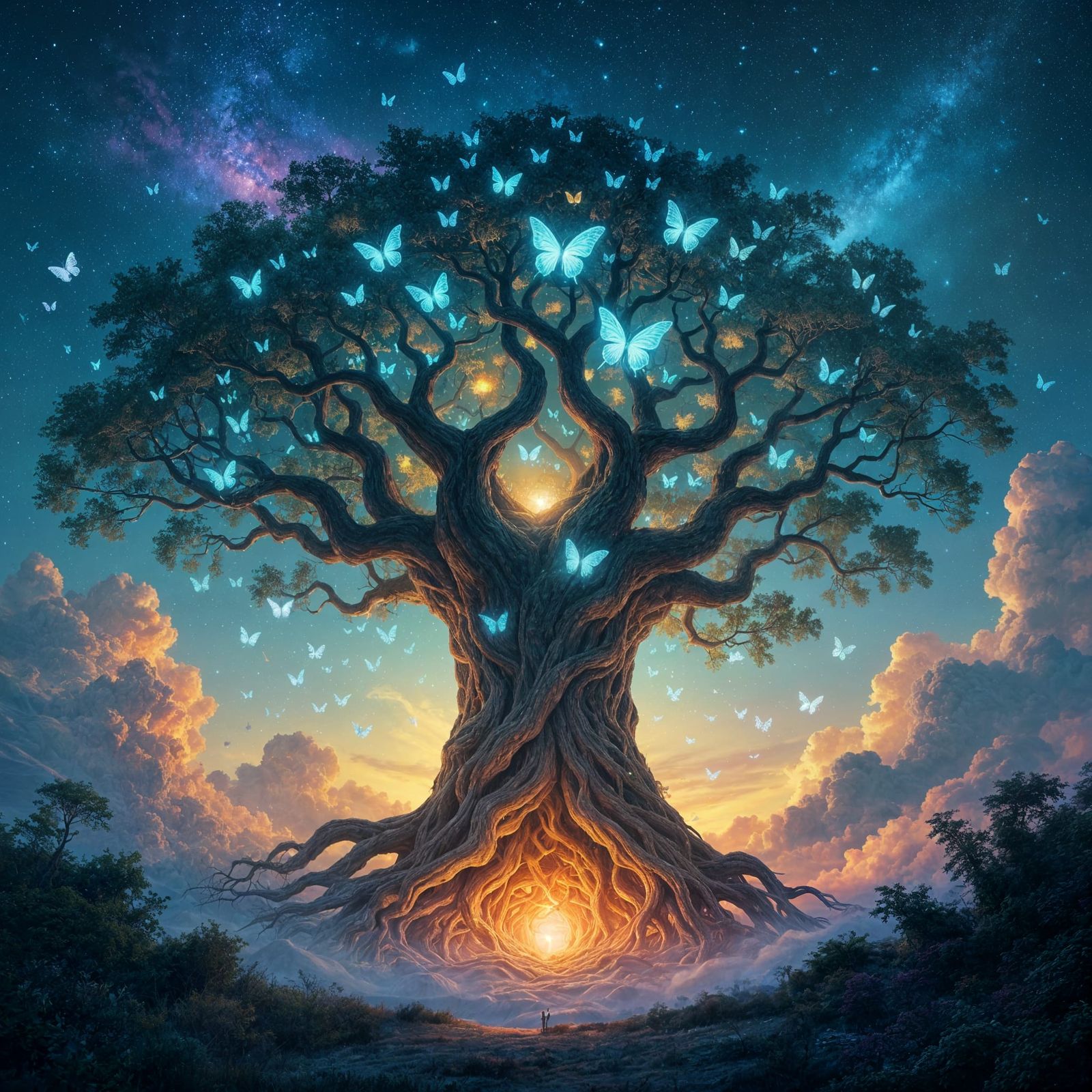 Cosmic Tree with Crystal Butterflies in Nebula