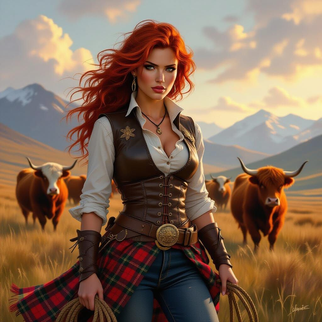 Scottish Cowgirl on Windswept Moor in Golden Hour