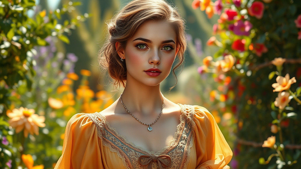 Elegant Woman in Garden, Oil Painting Style
