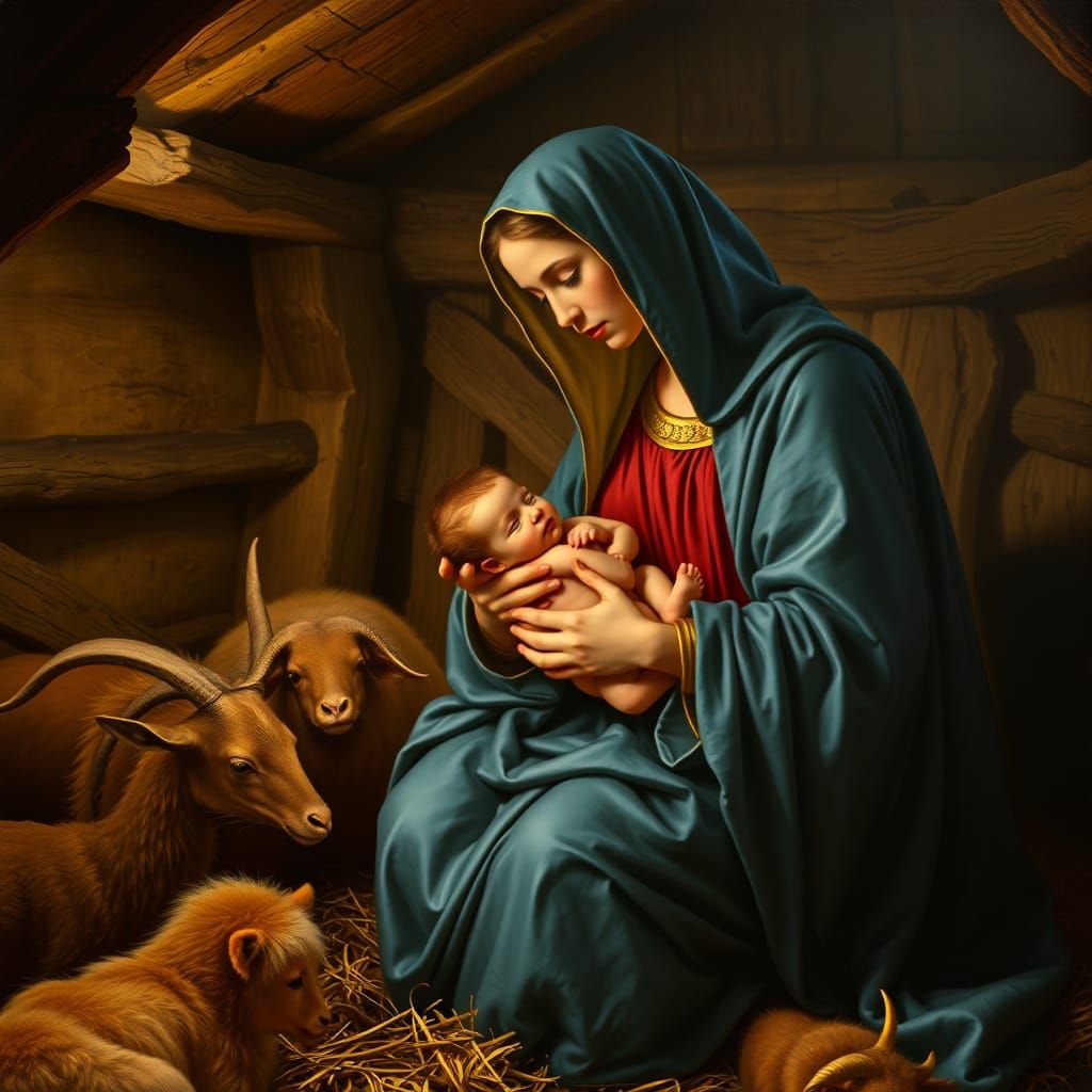 Majestic Renaissance Madonna with Christ Child in a Golden S...