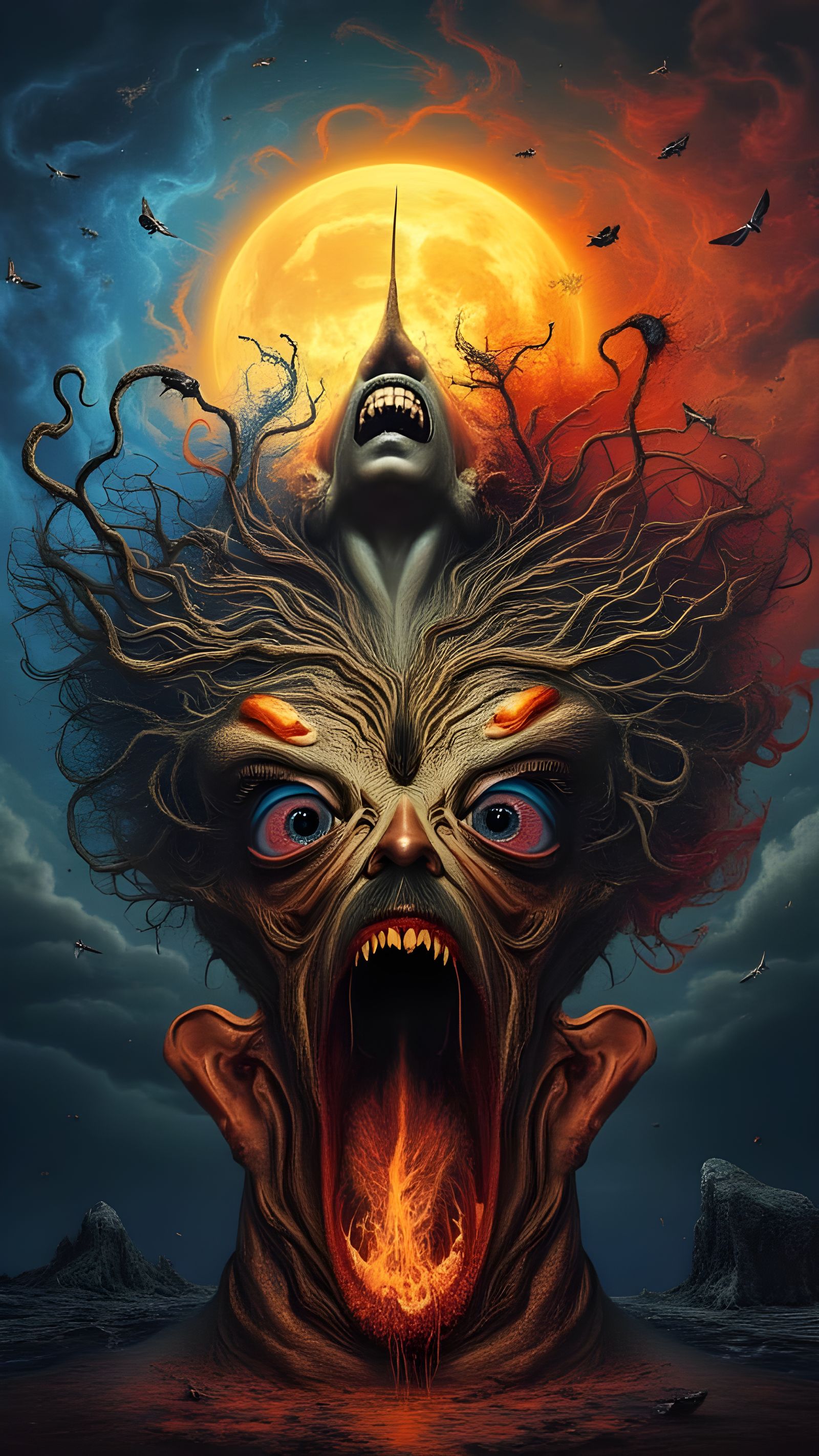 Man Mutation with Peacock and Fractal Face on Fiery Moon