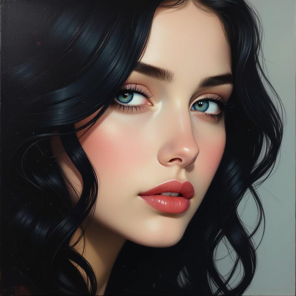 Melancholy Woman with Indigo Eyes in Surreal Oil Painting