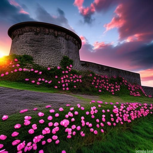Roses on Medieval Fort Wall at Sunset