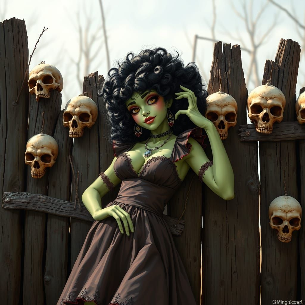 Baba Yaga Pin-Up with Skulls, Vibrant Art Style