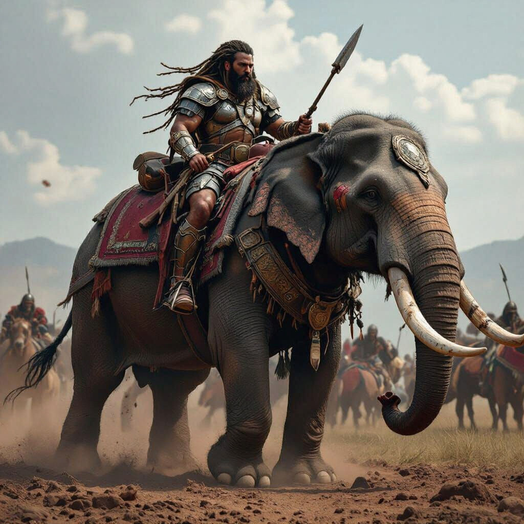 Armored Warrior on Elephant Amidst Battlefield Carnage