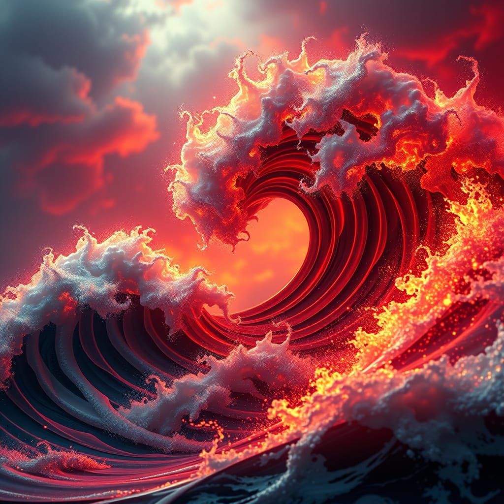 Fire-Red Ocean Waves in Hyper-Realistic Detail