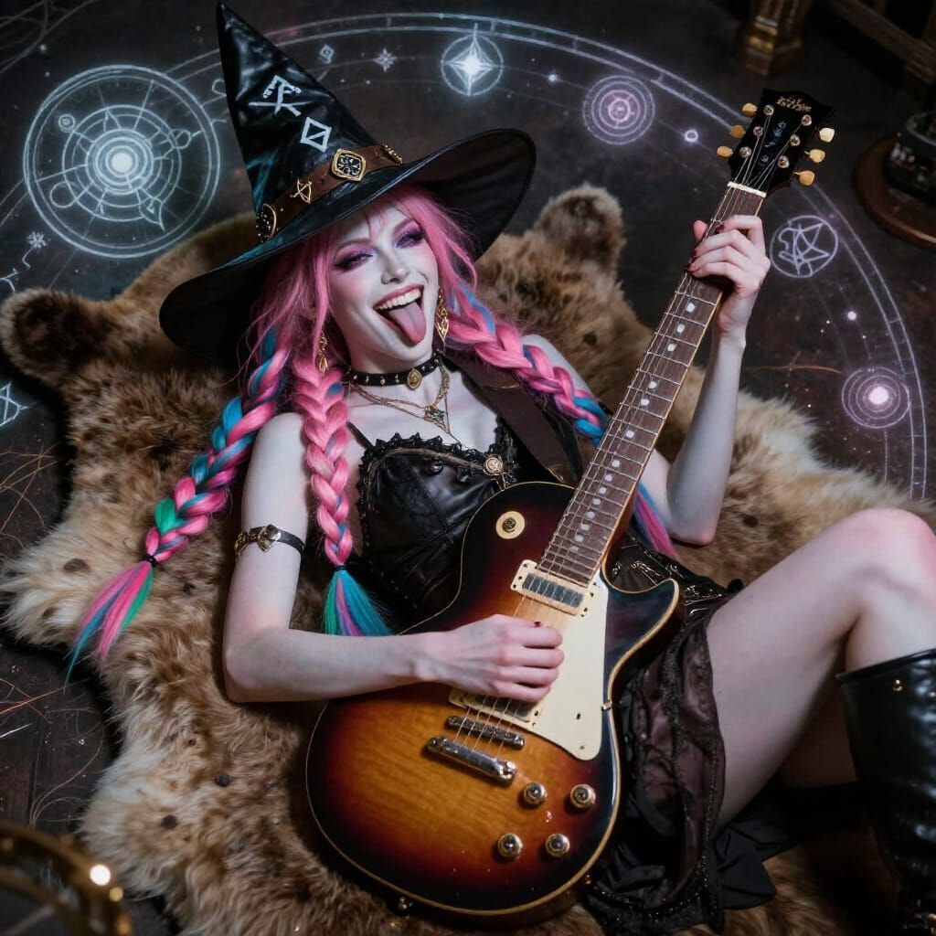 Model with Witch Hat and Guitar in Mystical Glow